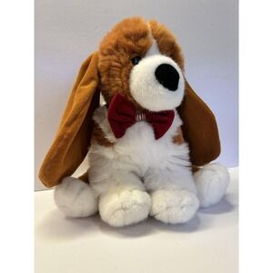 Commonwealth Basset Hound Dog Plush Brown White Long Floppy Ears Red Bow Tie 12"